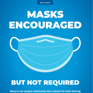 Blue and white poster titled 'masks encouraged' with image of mask with trailing 'but not required' text.