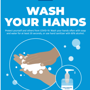 Blue and white poster titled 'Wash Your Hands' followed by image of two hands washing and some spray soap.