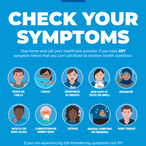 Blue and white image with icons for checking your symptoms.